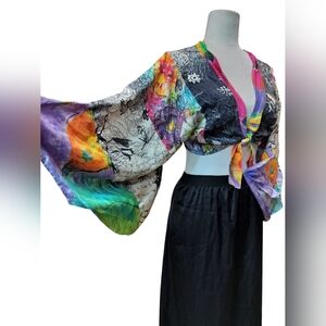 Louise della Multicolor Silk Tie Front Cropped Blouse Long Sleeve Size 42